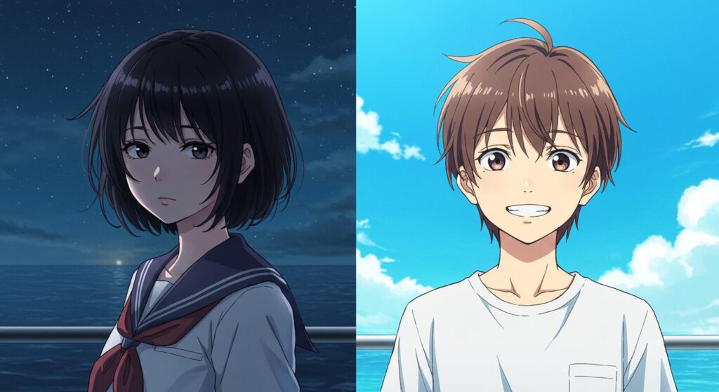 物語の主人公である少女「凪沙」と少年「優海」。静かで憂いを帯びた凪沙と、明るく誠実な優海の対照的な表情を描いたアニメ風イラスト