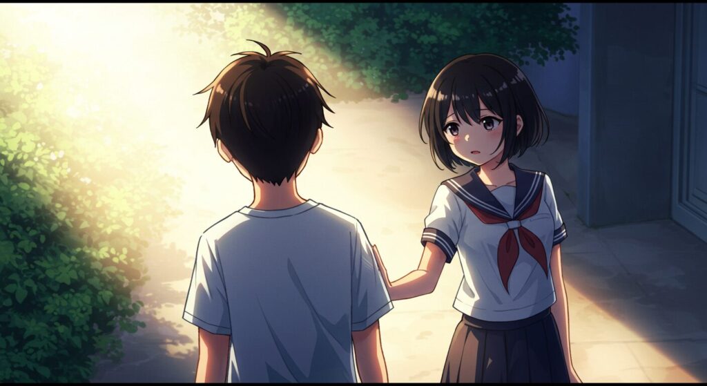 未来の光へ向かう少年「優海」の背中を、影の中にいる少女「凪沙」が優しく押しているアニメ風イラスト。彼女の献身的な愛を象徴している
