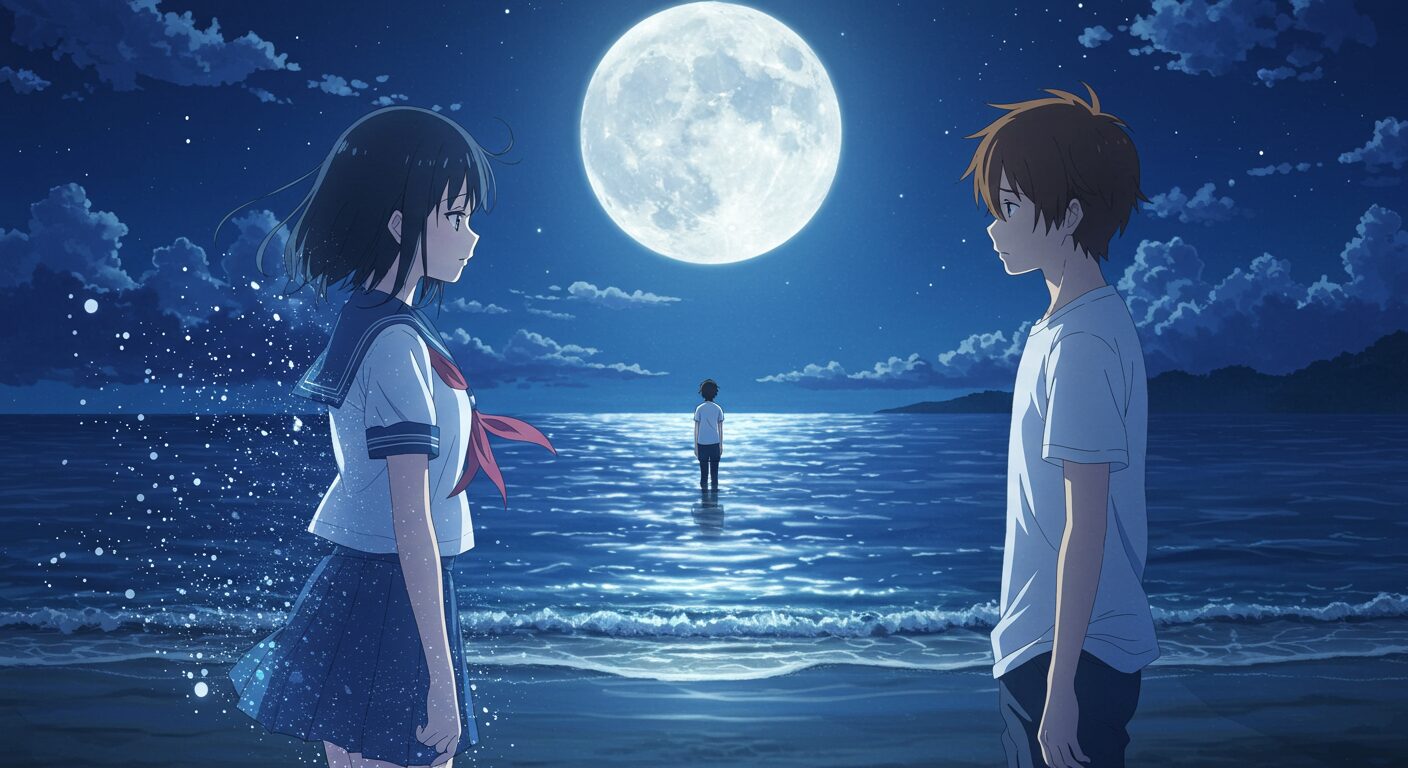 夜の海辺で、高校生の少年「優海」を少し離れた場所から優しく見つめる、半透明のセーラー服の少女「凪沙」を描いた、切なくも美しいアニメ風イラスト。『海に願いを 風に祈りを そして君に誓いを』の献身的な愛と変えられない運命を象徴するイメージ