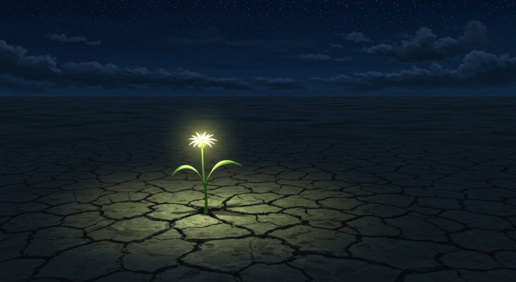 ひび割れた地面から一本の光る花が咲いているイラスト。「喪失」の中から生まれる「再生」と希望を象徴している