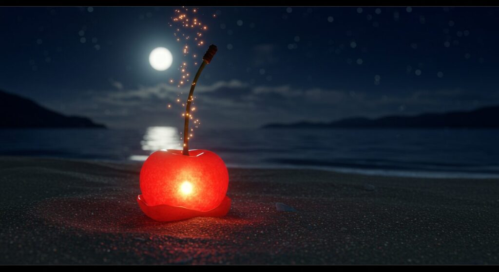 夜の砂浜に落ちている一つの桜貝が、温かい光を放っている幻想的なイラスト。「悲恋」の先にある希望と温かさを象徴している