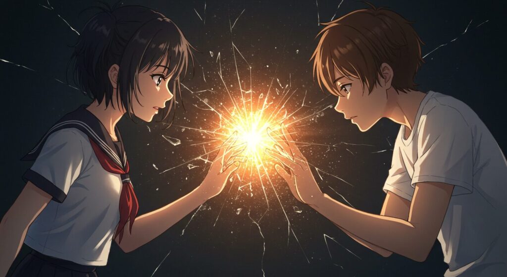ひび割れたガラスを挟んで触れ合おうとする二つの手。隙間から温かい光が溢れ、悲しい運命の中でも消えない愛の尊さを象徴するイラスト