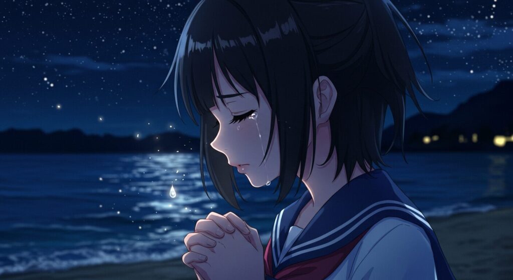 夜の海辺で静かに祈りながら涙を一筋流すセーラー服の少女「凪沙」。彼女の献身的な愛と本作の感動を象徴するアニメ風イラスト