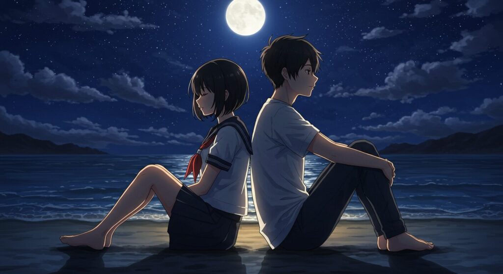 夜の砂浜で背中合わせに座るセーラー服の少女「凪沙」と少年「優海」。二人の背中から放たれる温かい光が混じり合う、愛の尊さを象徴するアニメ風イラスト