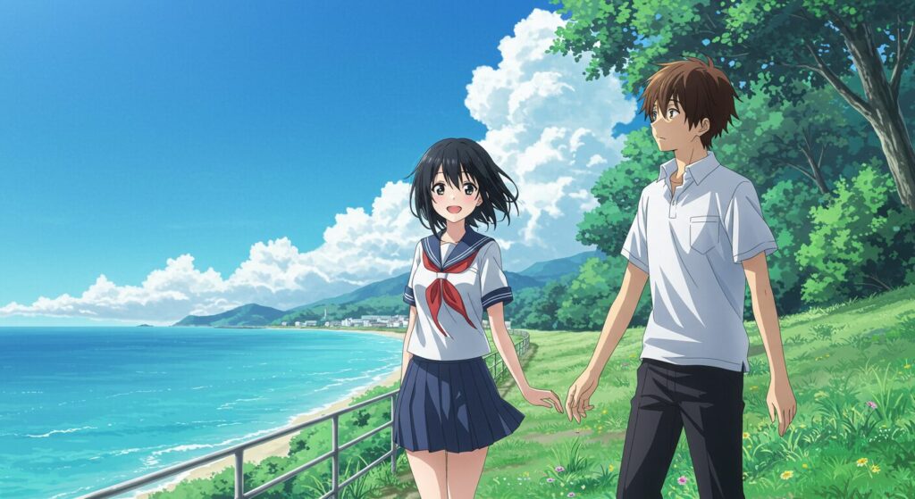 夏の日差しの中、海辺の坂道を歩くセーラー服の少女「凪沙」と男子高校生「優海」。明るい彼とは対照的に、彼女はどこか憂いを帯びた表情をしている。『海に願いを 風に祈りを そして君に誓いを』の物語の始まりを象徴するイラスト