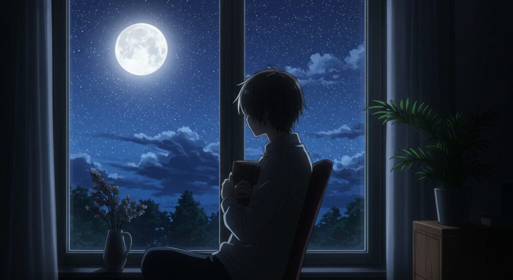 窓の外の星空を眺めながら、本を胸に抱く人物のイラスト。読了後の深い感動と余韻に浸っている様子を表している
