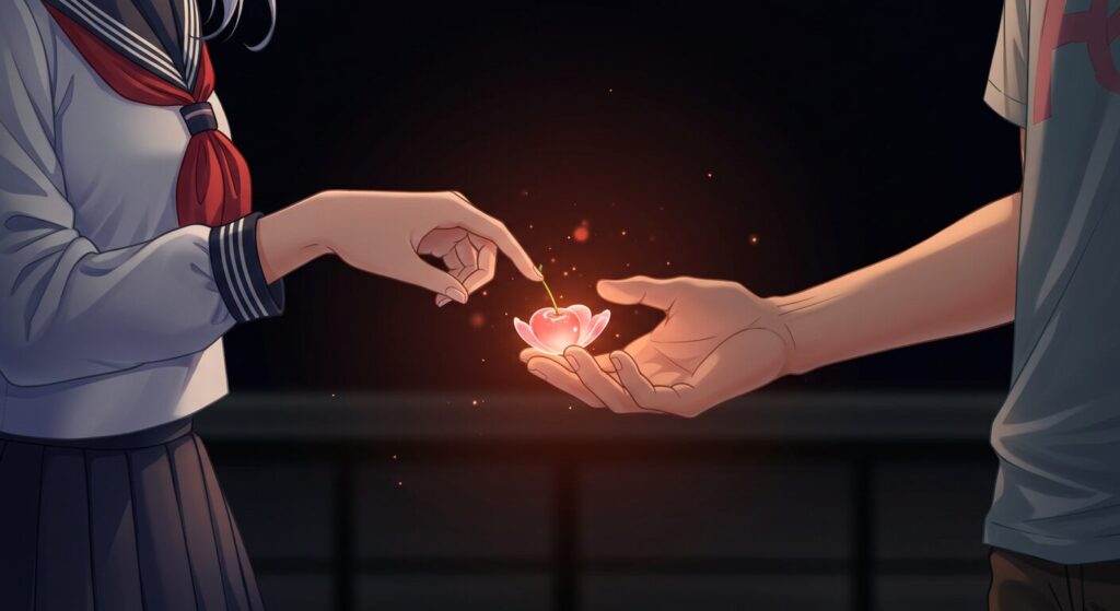 少女「凪沙」の手から少年「優海」の手に、光る桜貝が渡される手のクローズアップ。二人の純粋な愛と心の繋がりを象徴するイラスト