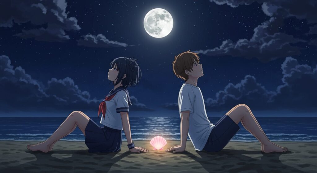 夜の海辺で隣に座り、空を見上げる少女「凪沙」と少年「優海」。二人の間には光る桜貝が置かれ、物語全体の切なくも温かい読後感を象徴している