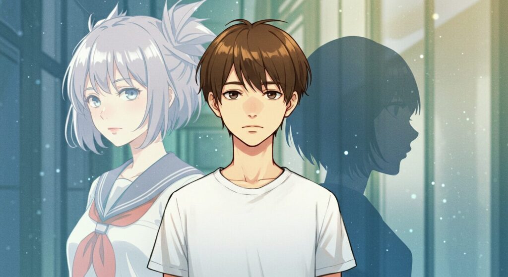 少年「優海」の背後に少女「凪沙」の幻が、そして前方には新たな出会いを予感させる少女のシルエットが描かれ、二つの物語の繋がりを象徴するイラスト