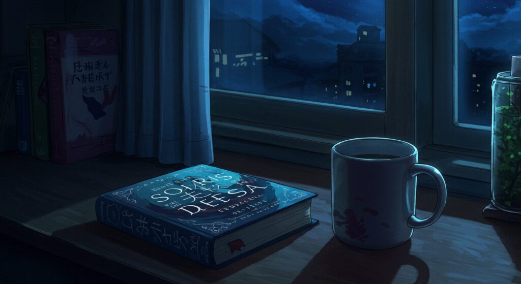 机の上に置かれた一冊の本とマグカップ。窓の外は夜で、『絶深海のソラリス』を読み終えた後の静かで重い時間を表現したイラスト