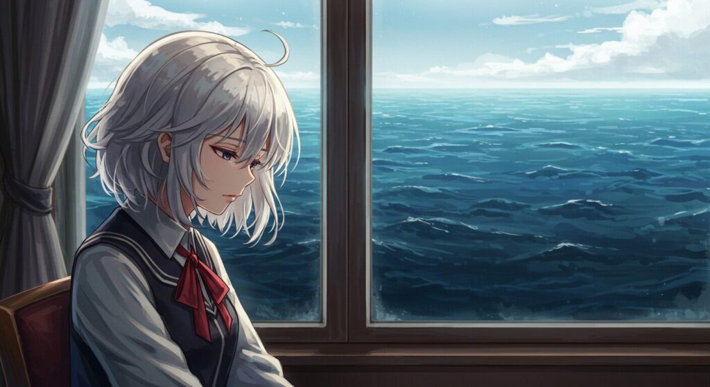 窓のそばに座り、物思いにふけるライトノベル『絶深海のソラリス』のヒロイン・クロエ。窓の外には広大な深海が広がっているイラスト