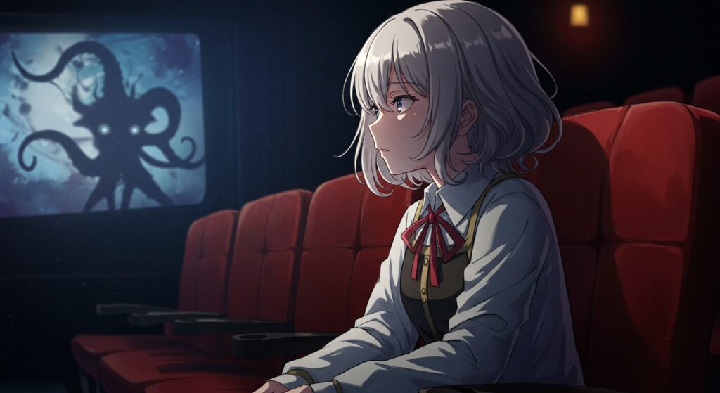 映画館でホラー映画を観ているような、『絶深海のソラリス』のヒロイン・クロエのイラスト。パニックホラーからの影響を象徴している