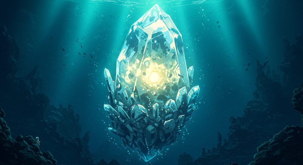 深海の底で不気味な光を放つ、謎の鉱物「ソラリス」を描いた、『絶深海のソラリス』の核心に迫るイラスト