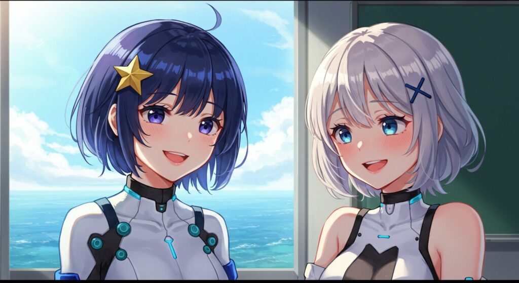 アカデミーの教室で談笑する『絶深海のソラリス』のヒロイン、ナツカとクロエの平穏な日常を描いたイラスト