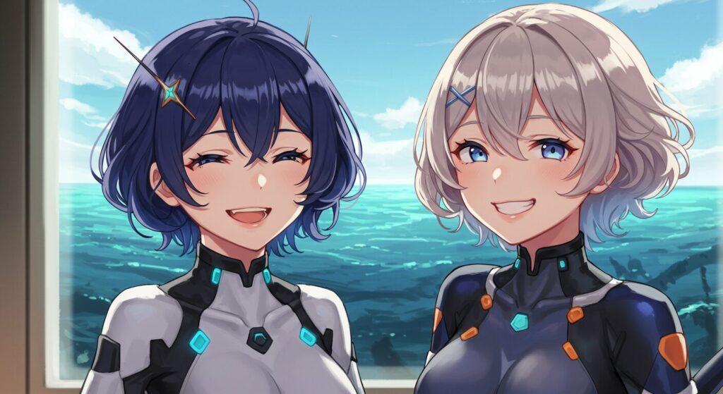 明るい部屋で仲良く微笑み合う『絶深海のソラリス』のヒロイン、ナツカとクロエ。背後の窓の外には不穏な深海が広がっているイラスト