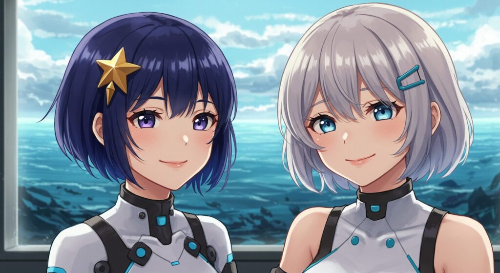 明るい部屋で仲良く微笑み合う『絶深海のソラリス』のヒロイン、ナツカとクロエ。背後の窓の外には不穏な深海が広がっているイラスト