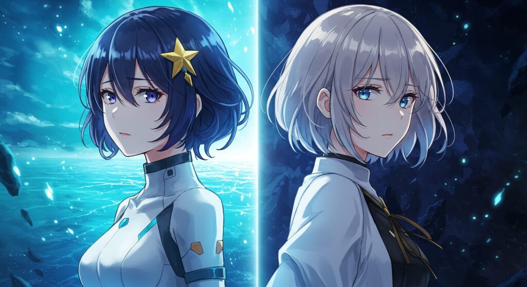 明るい海と暗い深淵を背景に、背中合わせで立つライトノベル『絶深海のソラリス』の二人のヒロイン、ナツカとクロエのイラスト