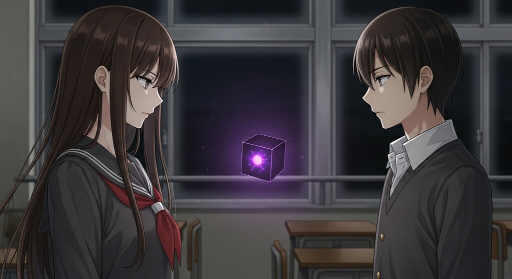 アニメ調のイラスト。教室で、ミステリアスな女子高生と男子高生が対峙し、その間には光る箱が浮かんでいる。『空ろの箱と零のマリア』の物語の始まりを象徴するイメージ