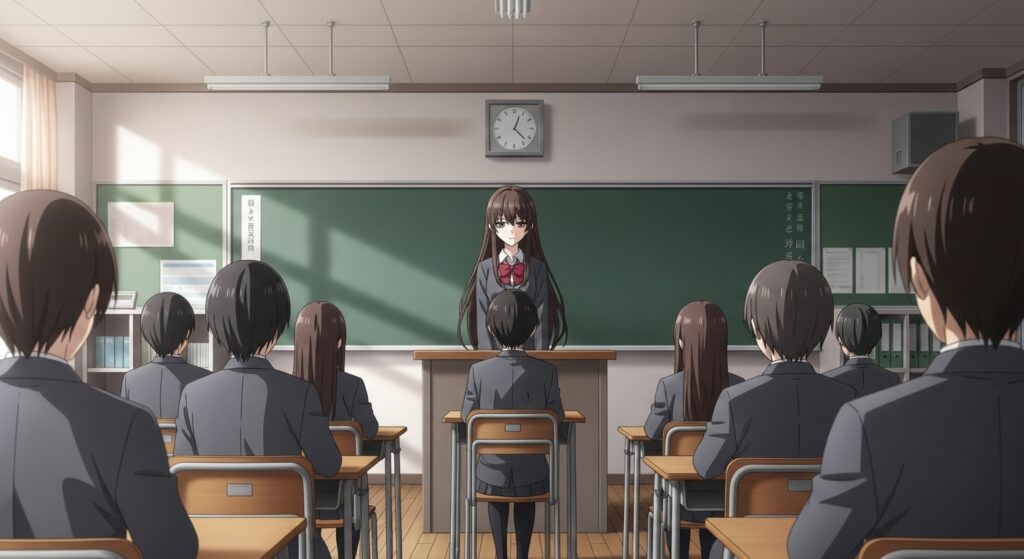 アニメ調のイラスト。教室の教壇から、美しい転校生が無表情で主人公を見つめている。『空ろの箱と零のマリア』の衝撃的な宣戦布告シーンをイメージ