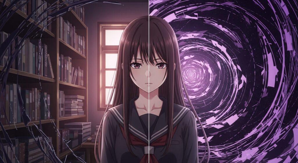 アニメ調のイラスト。背景が整然とした書斎と混沌とした空間に二分された中央で、一人の女子高生がこちらを見つめている。『空ろの箱と零のマリア』の評価が二分する様を象徴するイメージ