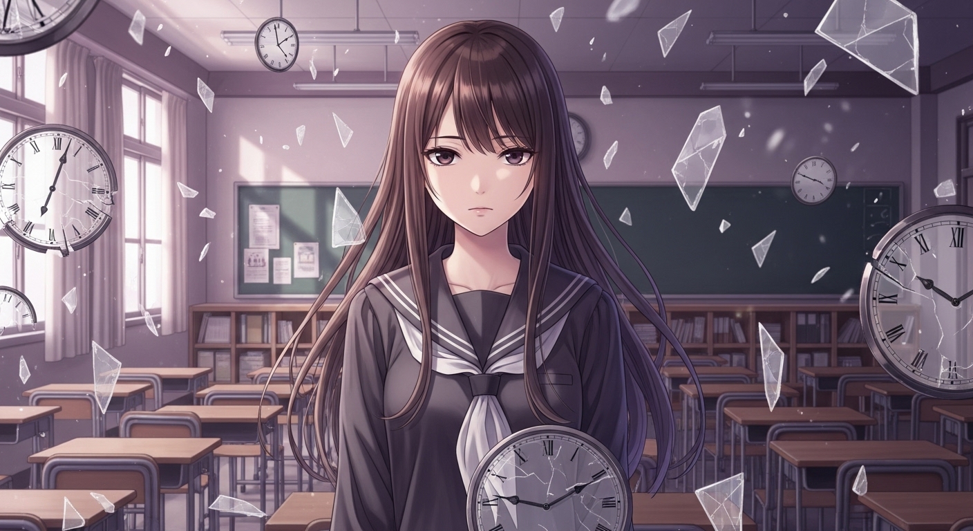 アニメ調のイラスト。無数の時計の破片が舞う幻想的な教室の中で、ミステリアスな雰囲気の女子高生が佇んでいる。『空ろの箱と零のマリア』のループと謎を象徴するイメージ