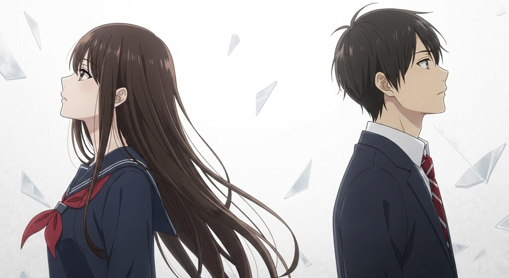 アニメ調のイラスト。半透明の影のように重なり合う女子高生と男子高生。『空ろの箱と零のマリア』の同じ世界にいながらも交わらない、二人の運命を象徴するイメージ