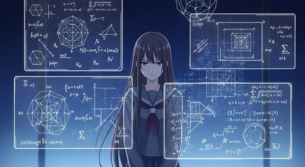 アニメ調のイラスト。数式が浮かぶスクリーンを前に、一人の女子高生が深く考え込んでいる。『空ろの箱と零のマリア』の読後の深い考察と知的興奮を象徴するイメージ