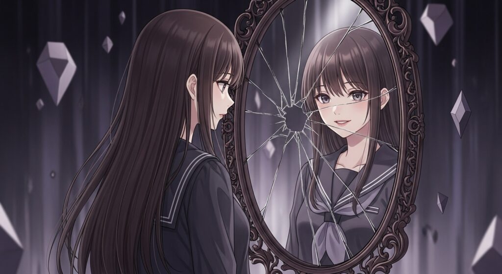 アニメ調のイラスト。ひび割れた鏡の前で、無表情な女子高生と微笑むその鏡像が対峙している。『空ろの箱と零のマリア』の叙述トリックと騙される快感を象徴するイメージ