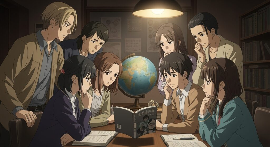 アニメ調のイラスト。世界中の若者たちが一冊の日本の小説を囲んで真剣に議論している。『空ろの箱と零のマリア』が海外で高く評価されている様子を象徴するイメージ