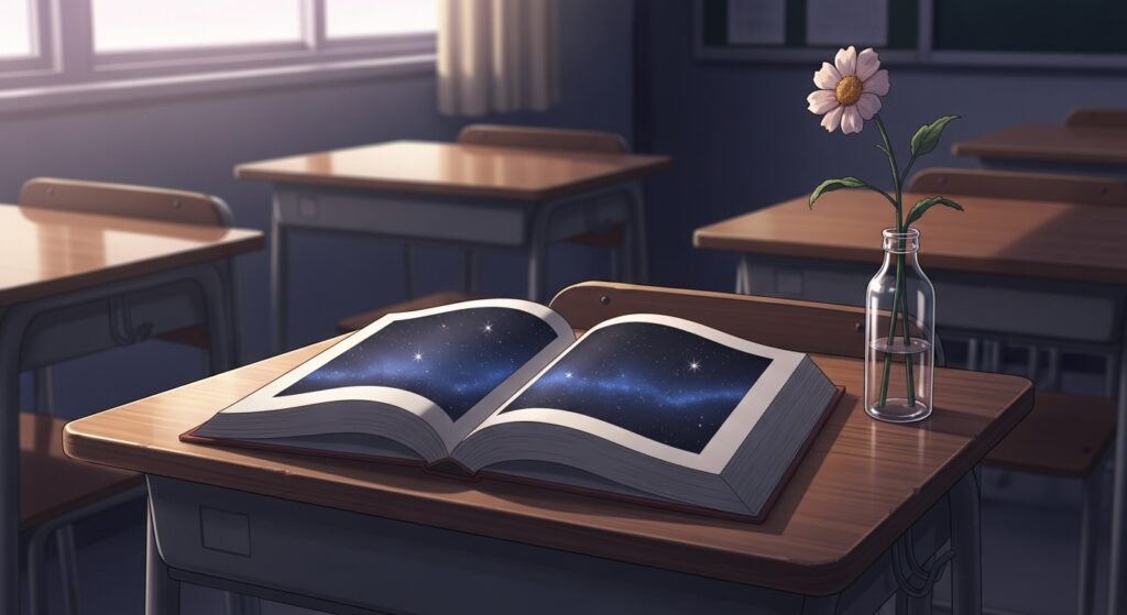 アニメ調のイラスト。夕暮れの教室の机に置かれた開かれた本。ページには星空が描かれており、傍らには一輪の萎れた花が飾られている。『空ろの箱と零のマリア』の哲学的で切ない世界観を象徴するイメージ