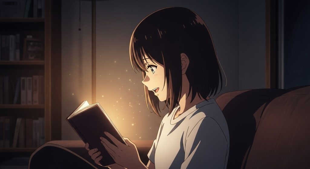 アニメ調のイラスト。薄暗い部屋で、光を放つ本を夢中になって読む人物の横顔。『空ろの箱と零のマリア』がもたらす最高の読書体験を象徴するイメージ