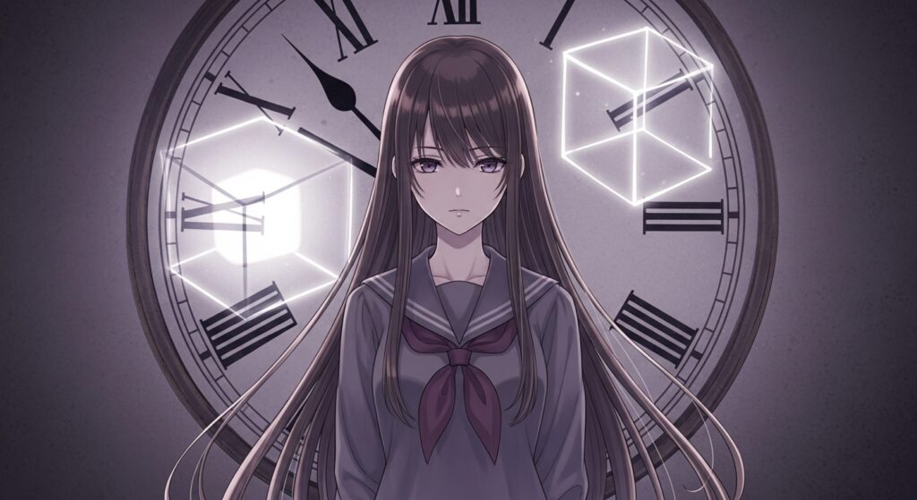 アニメ調のイラスト。『空ろの箱と零のマリア』の表紙をイメージした、ミステリアスな女子高生と時計、箱が描かれた象徴的な一枚