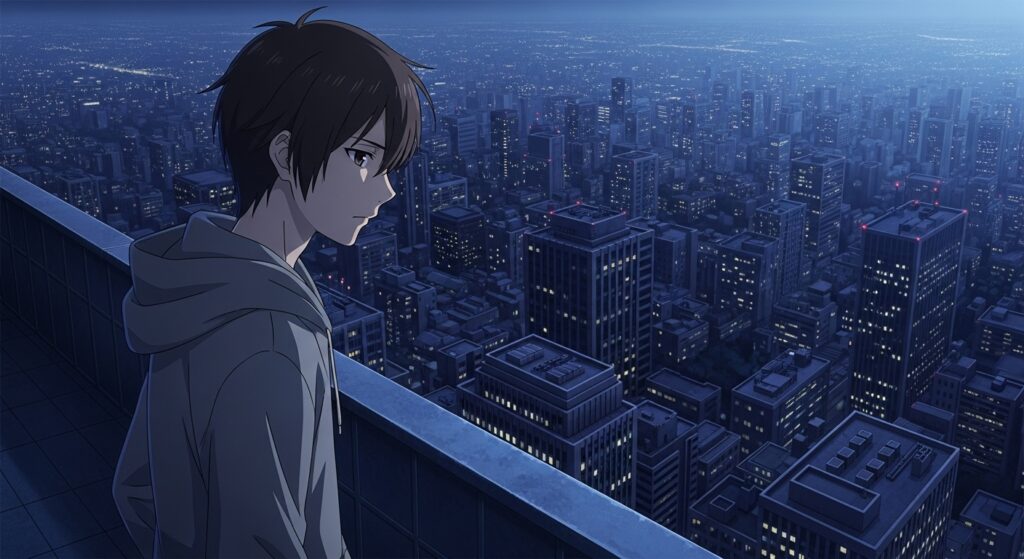 15歳のテロリストの主人公(渡辺篤人)が、シリアスな表情で夜の都市を見下ろしているアニメ風イメージ画像