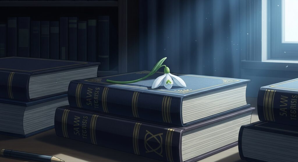 15歳のテロリストの作者の作風を象徴する画像。古い法典のような本の上に置かれた一輪の白いスノードロップが、重いテーマと希望を表している。