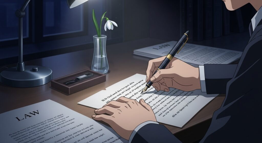 15歳のテロリストの作者・松村涼哉先生の社会派な作風を象徴する画像。夜の書斎でペンを走らせる手元とスノードロップ。