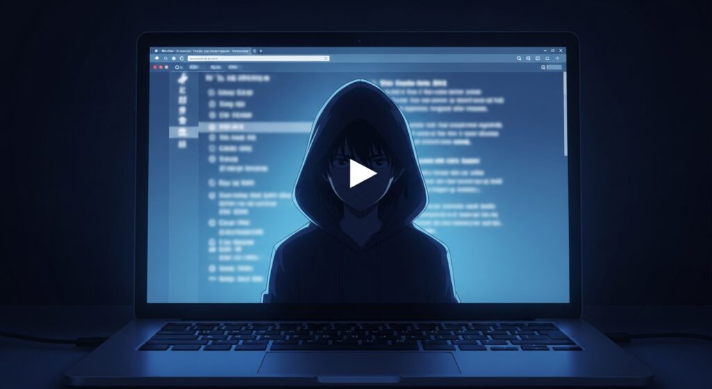 15歳のテロリストの物語の始まりを象徴する画像。暗い部屋でパソコンに映る、フードを被った少年のシルエット(犯行予告動画)。