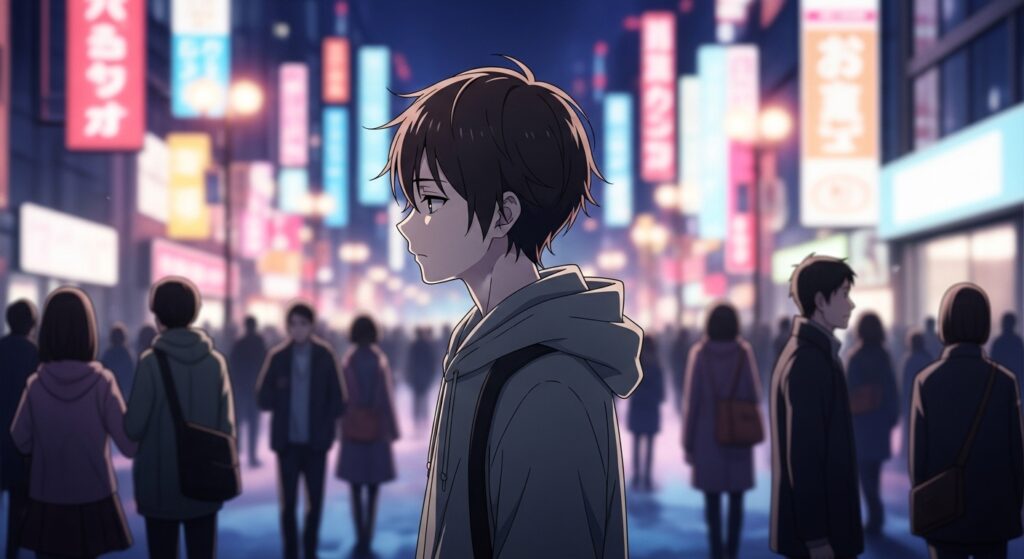 15歳のテロリストの主人公(渡辺篤人)が、夜の都会の雑踏の中を一人、孤独な雰囲気で歩いているイメージ画像