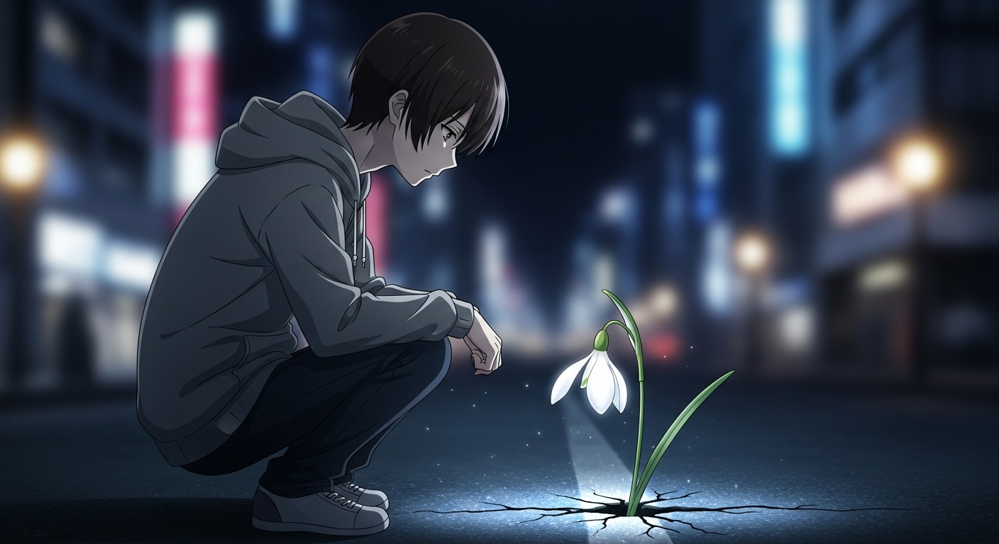 15歳のテロリストの主人公（渡辺篤人）が、暗いアスファルトに咲く一輪の白いスノードロップを見つめている象徴的なアイキャッチ画像