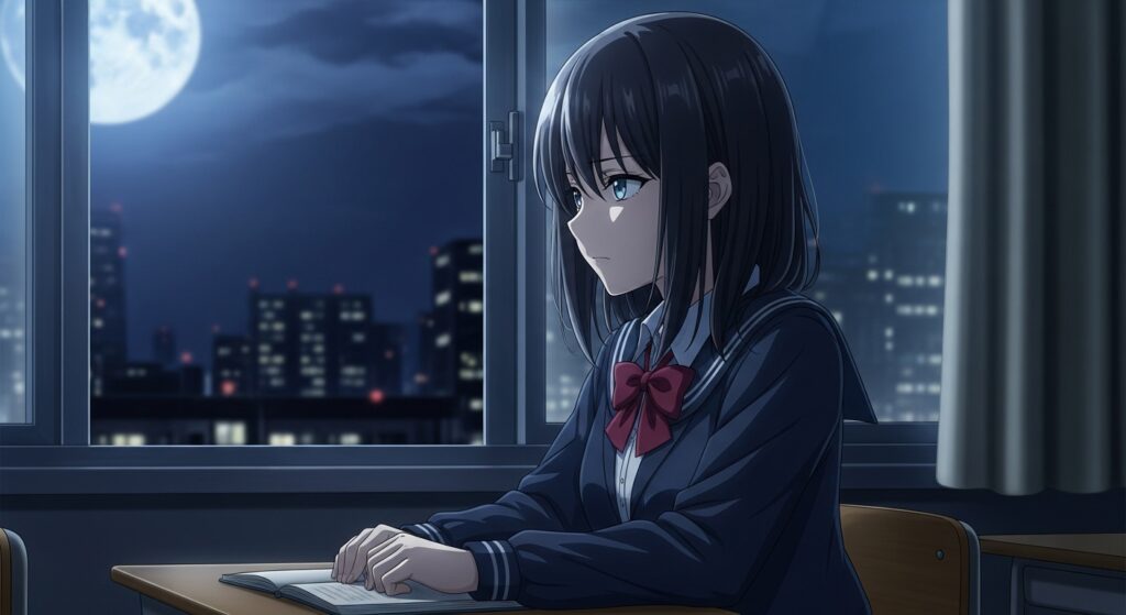 15歳のテロリストのヒロイン・灰谷アズサが、夜の教室で一人、窓の外を静かに見つめているアニメ風画像