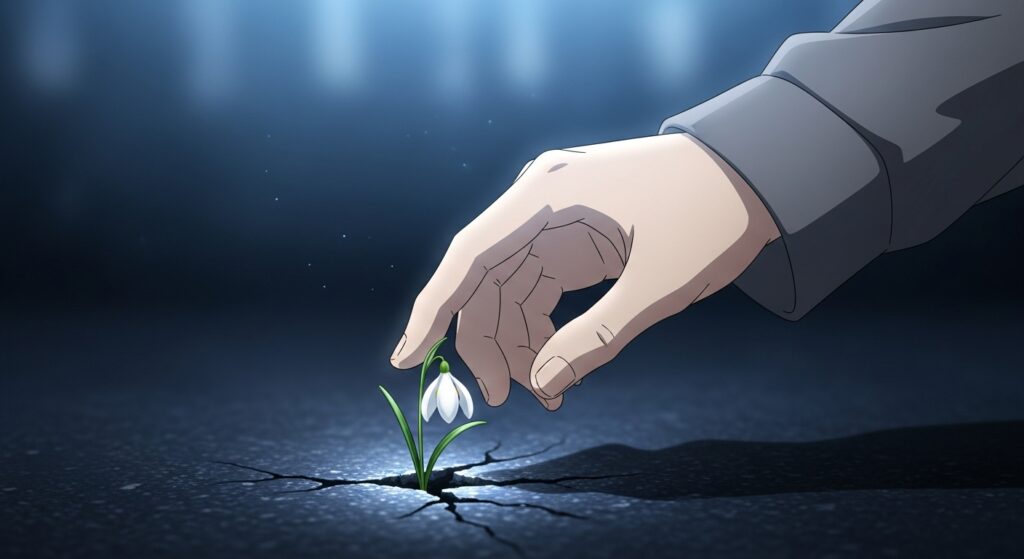 15歳のテロリストの希望を象徴する画像。主人公・渡辺篤人の手が、暗闇に咲く一輪のスノードロップに優しく触れようとしている
