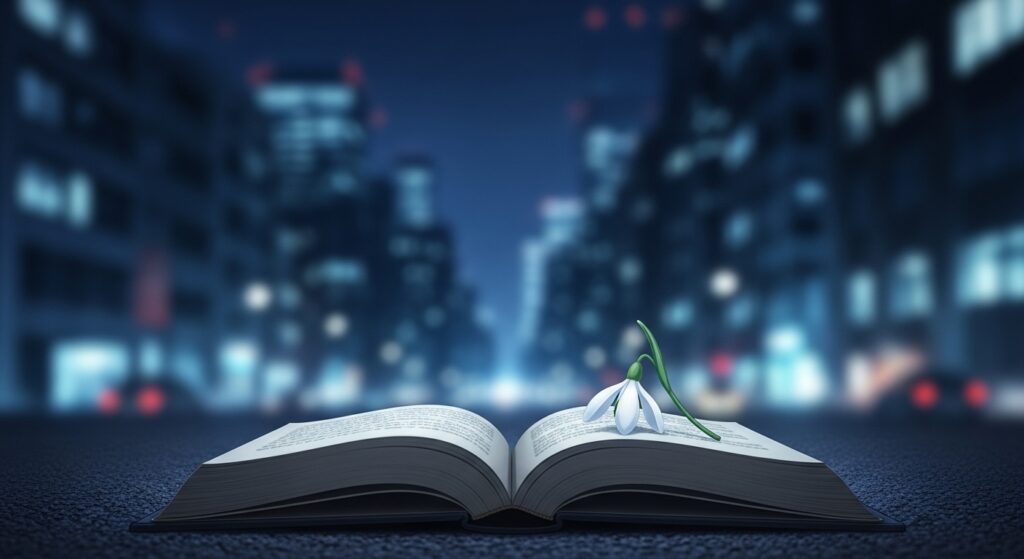 15歳のテロリストの社会派ミステリーとしての傑作性を象徴する画像。都会の夜景を背景に、古い本の上にスノードロップが置かれ、重いテーマと希望を表している