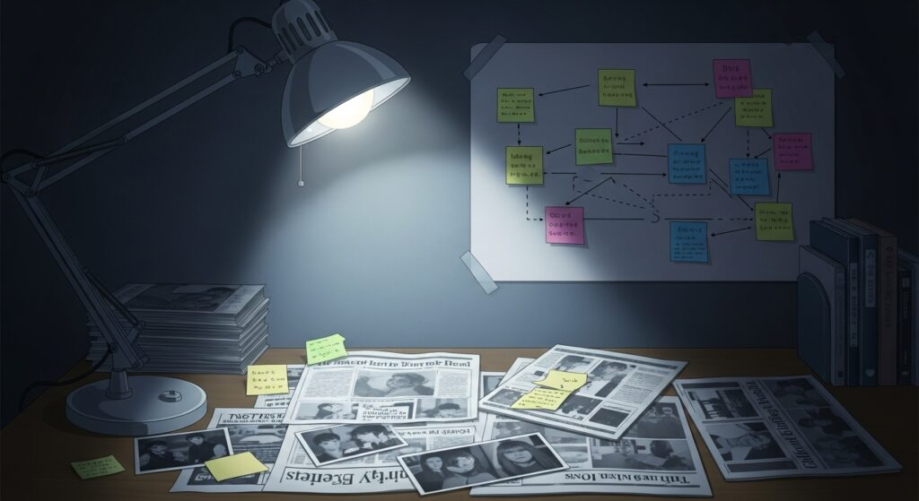 15歳のテロリストのミステリー要素を象徴する画像。机に散らばった新聞切り抜きや複雑な相関図を、一筋の光が照らしている。