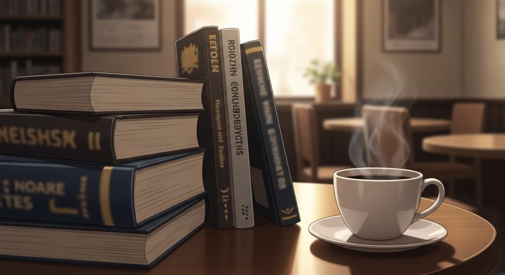 15歳のテロリストが好きな人におすすめの小説を紹介するイメージ画像。テーブルに置かれた数冊の本とコーヒーカップ。