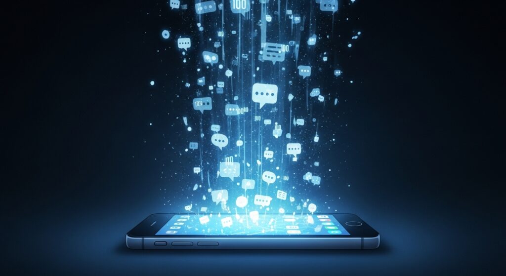 15歳のテロリストの感想・評価のイメージ画像。スマートフォンから溢れ出す無数の「声」が、SNSやメディアの暴力を象徴している。