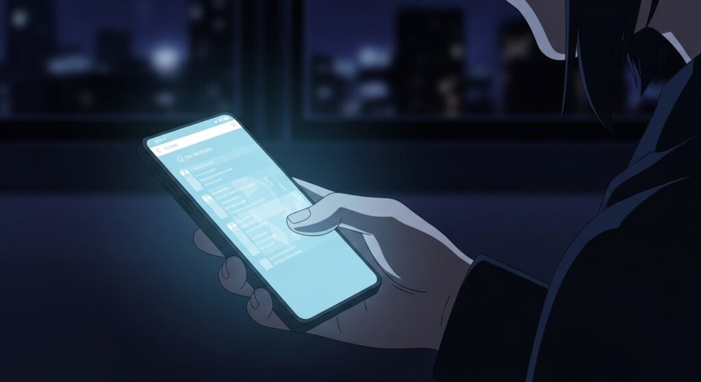 15歳のテロリストのSNSでの口コミや反響を象徴する画像。暗い部屋でスマートフォンを操作する手元が青白く光っている。