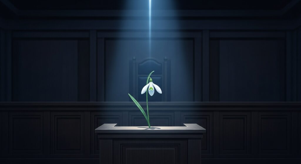 15歳のテロリストのネタバレ考察イメージ画像。暗い法廷の証言台に置かれた一輪のスノードロップが、真実と希望を象徴している。