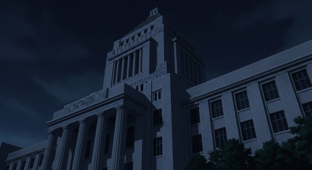 15歳のテロリストの「黒幕」や「陰謀」を象徴する画像。夜の闇にそびえ立つ、国会議事堂のような不気味で重厚な建物。