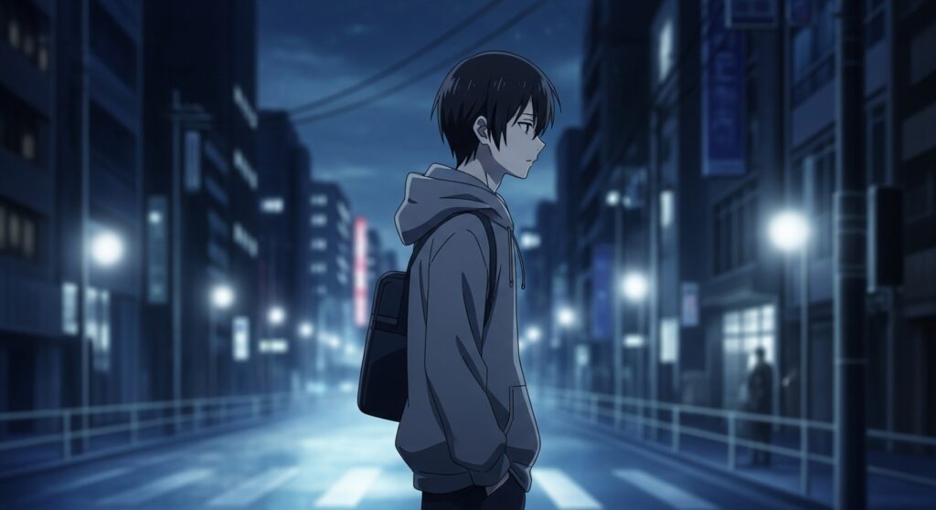 15歳のテロリストの主人公・渡辺篤人が、夜の都会を物思いにふけりながら歩き、「真実の追求」を象徴しているアニメ風画像。