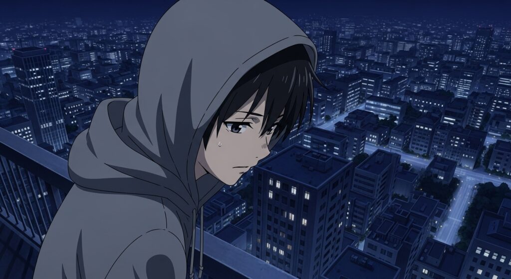 15歳のテロリストのタイトルの意味を象徴する画像。主人公の渡辺篤人が夜景を見下ろし、社会に問いかけるような強い意志の視線を向けている。