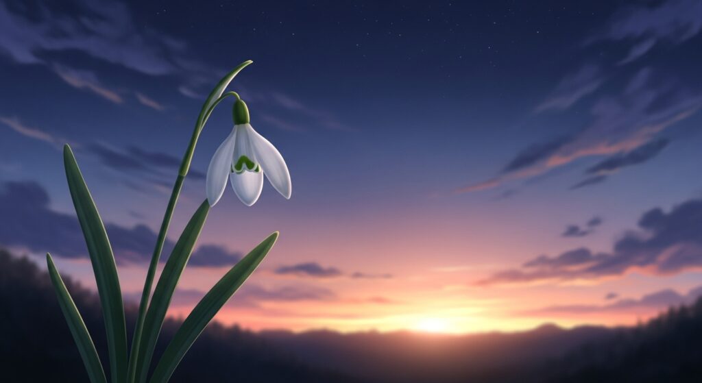 15歳のテロリストのまとめ。朝焼けを背景に、希望を象徴する一輪の白いスノードロップが咲いている。